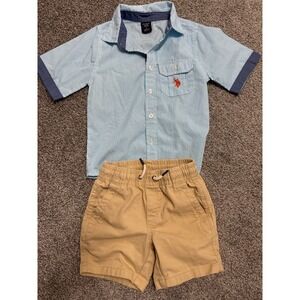 US Polo Assn Kids Blue Stripe Short Sleeve Button Up Shirt Khaki Shorts Set S4/5